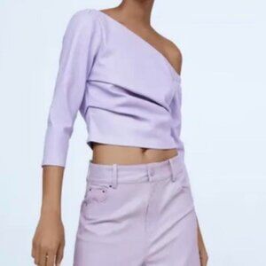 Zara Faux Leather One Shoulder 3/4 Sleeve Cropped Top  - Size Small in Lilac